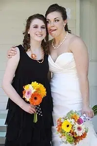 Sisters are silly for wedding picture.