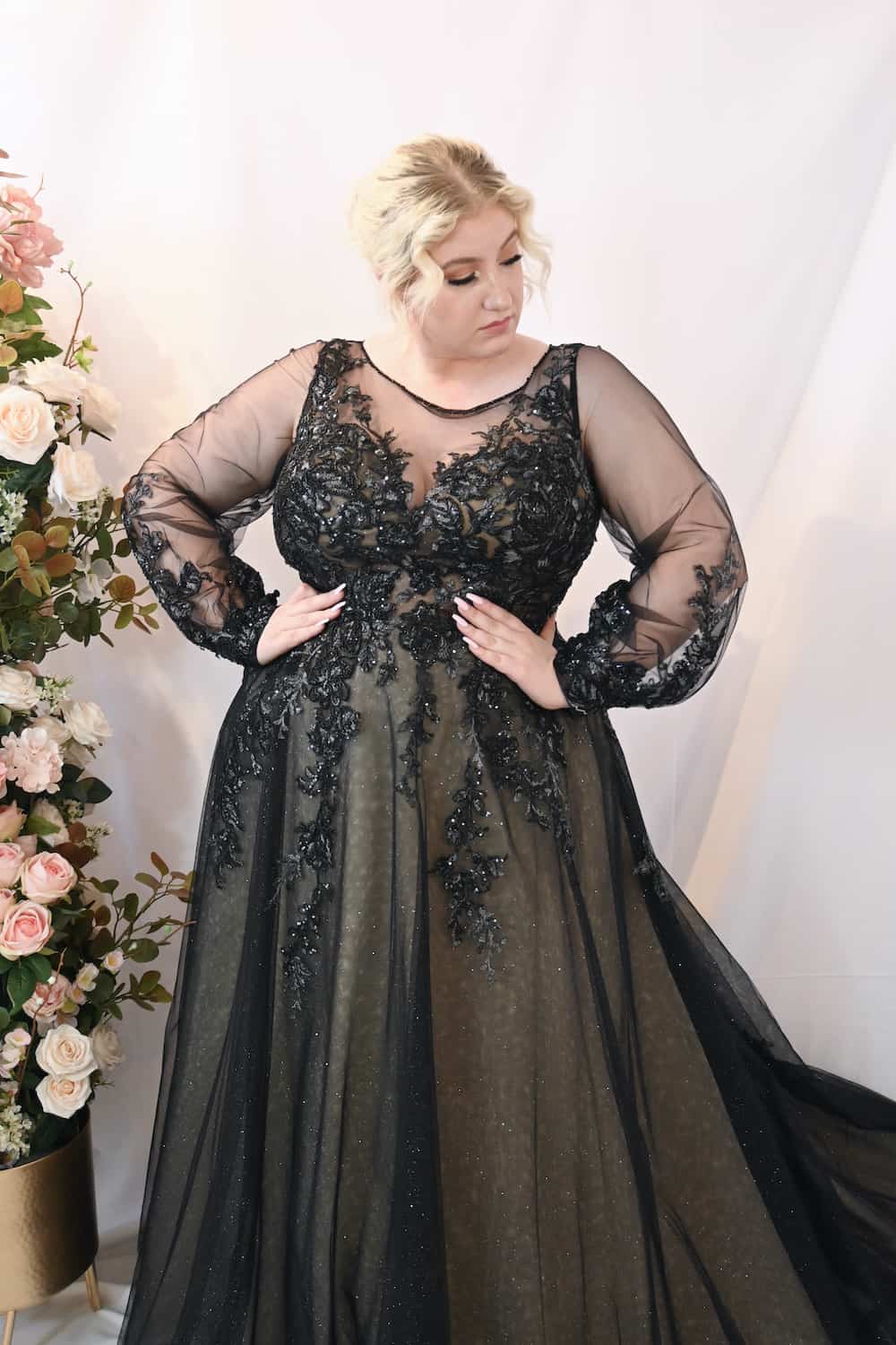 Savvy Bridal Long Sleeve sparkle lace A-Line skirt black Wedding Dress - Sparrow