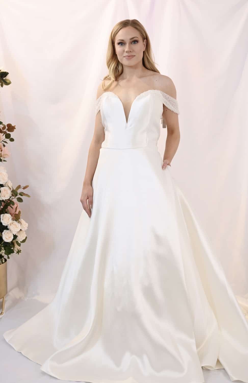 Savvy Bridal satin beaded off the shoulder ballgown Wedding Dress - Lise