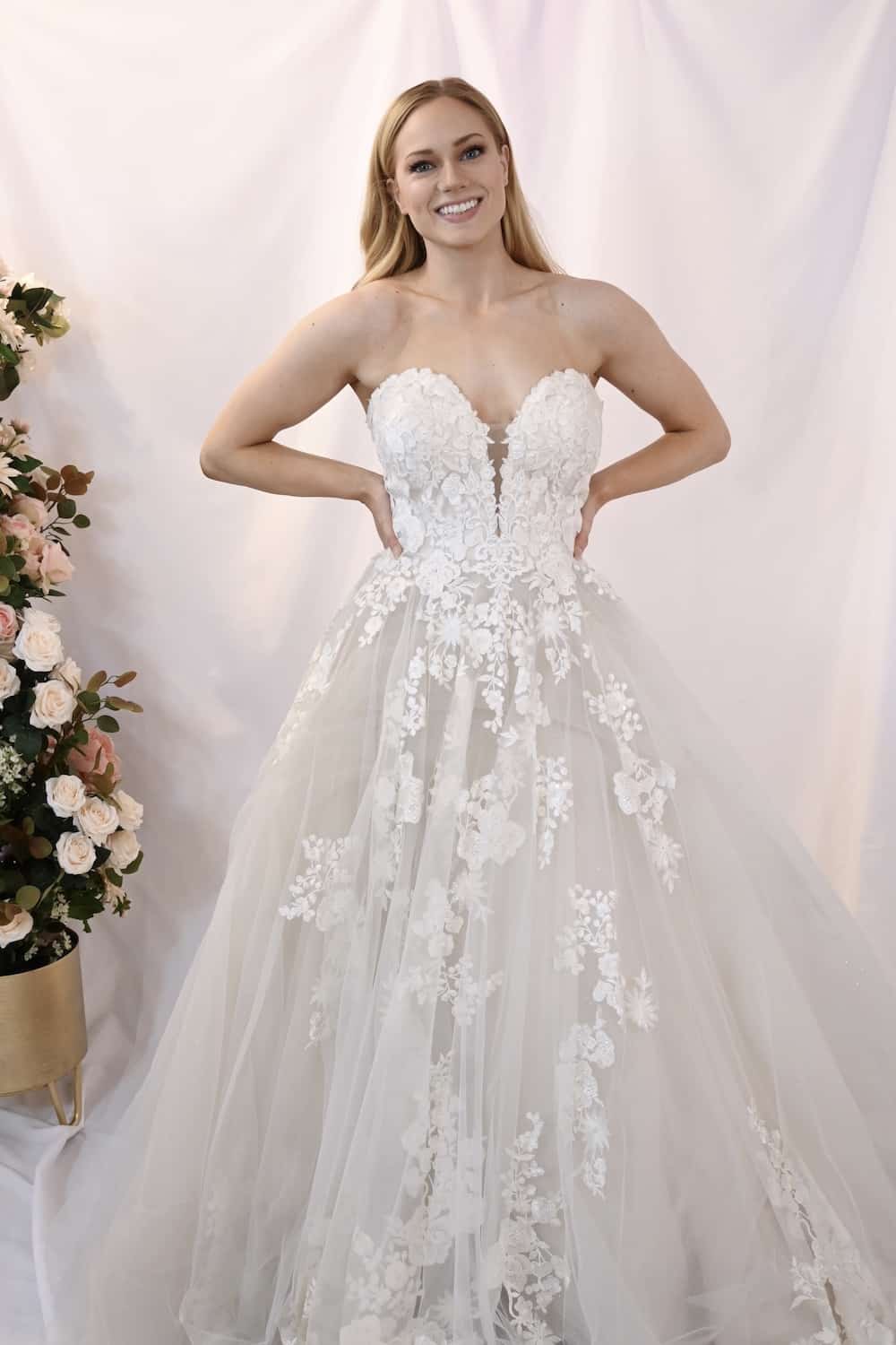 Savvy Bridal Strapless floral lace tulle romantic Ballgown Wedding Dress - Heather