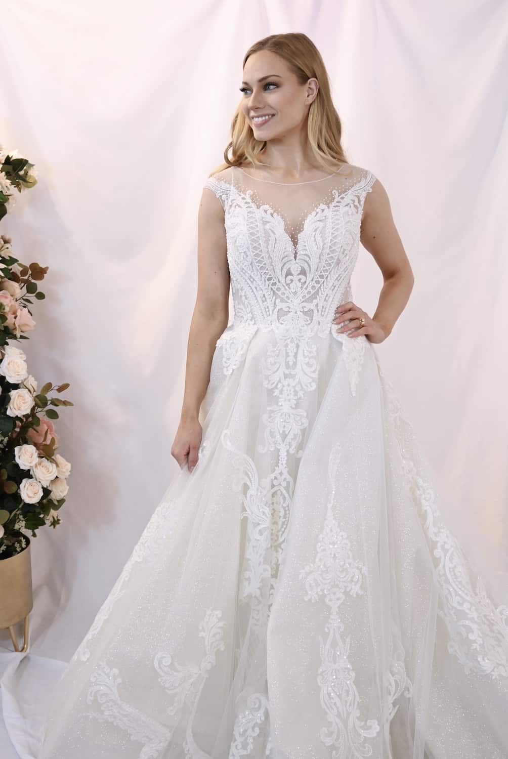 Savvy Bridal Beaded Romantic Detail Lace High Neck, A-Line Skirt Wedding Dress - Lily