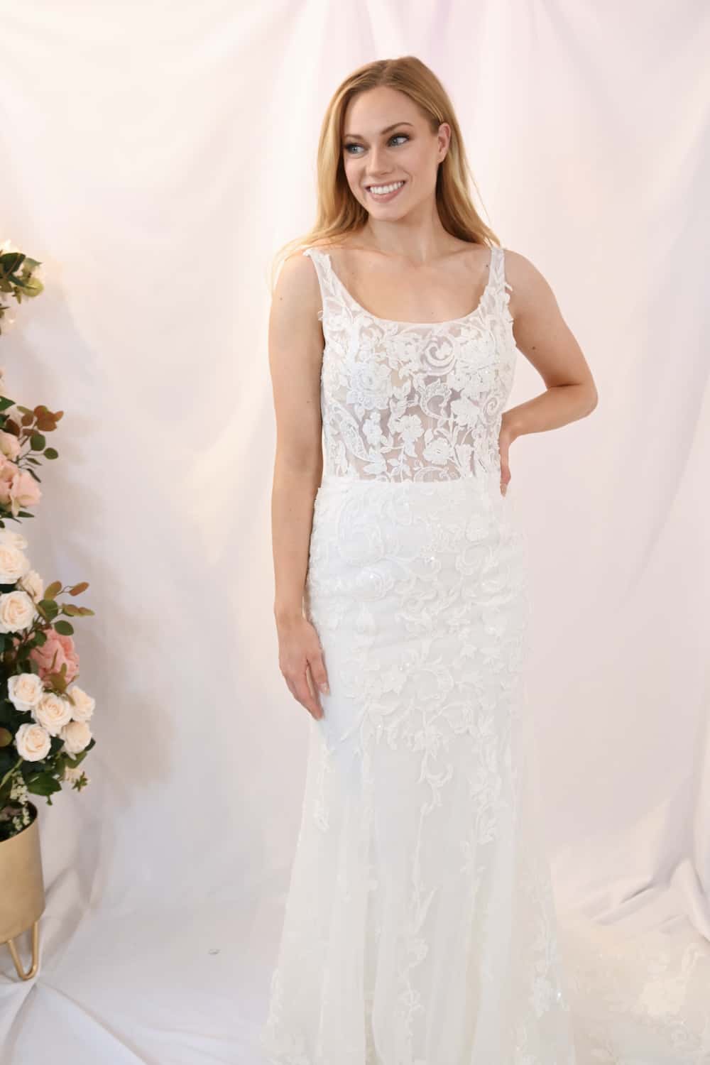 Savvy Bridal modern beaded lace scoop neck fitted wedding dress - Portland
