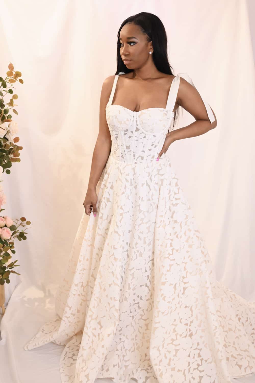 Savvy Bridal modern coastal crochet bow strap coastal lace a-line skirt Wedding Dress - Martha