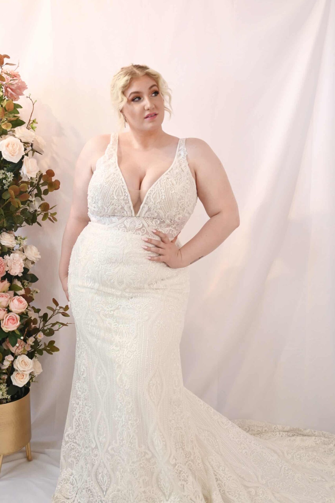 Savvy Bridal Curvy Off the Shoulder Beaded Modern Lace Fitted Wedding Dress - Phoenix