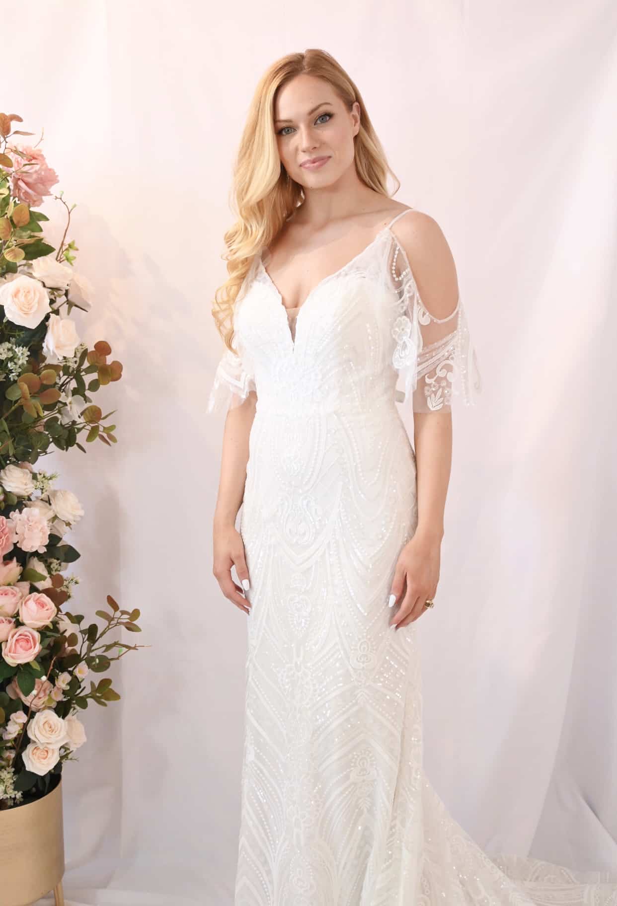 Savvy Bridal Off the Shoulder Sparkle Lace Fitted Wedding Dress - Noir