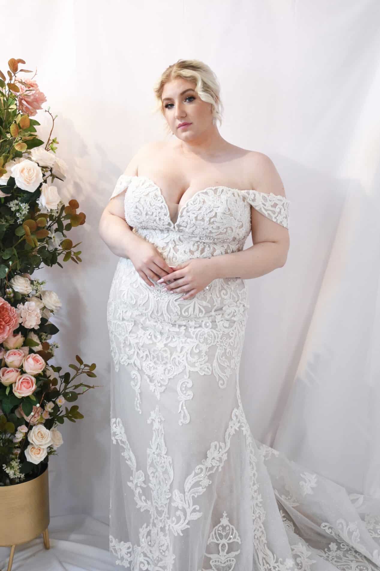 Savvy Bridal Curvy Off the Shoulder Lace Fitted Wedding Dress - Camilla