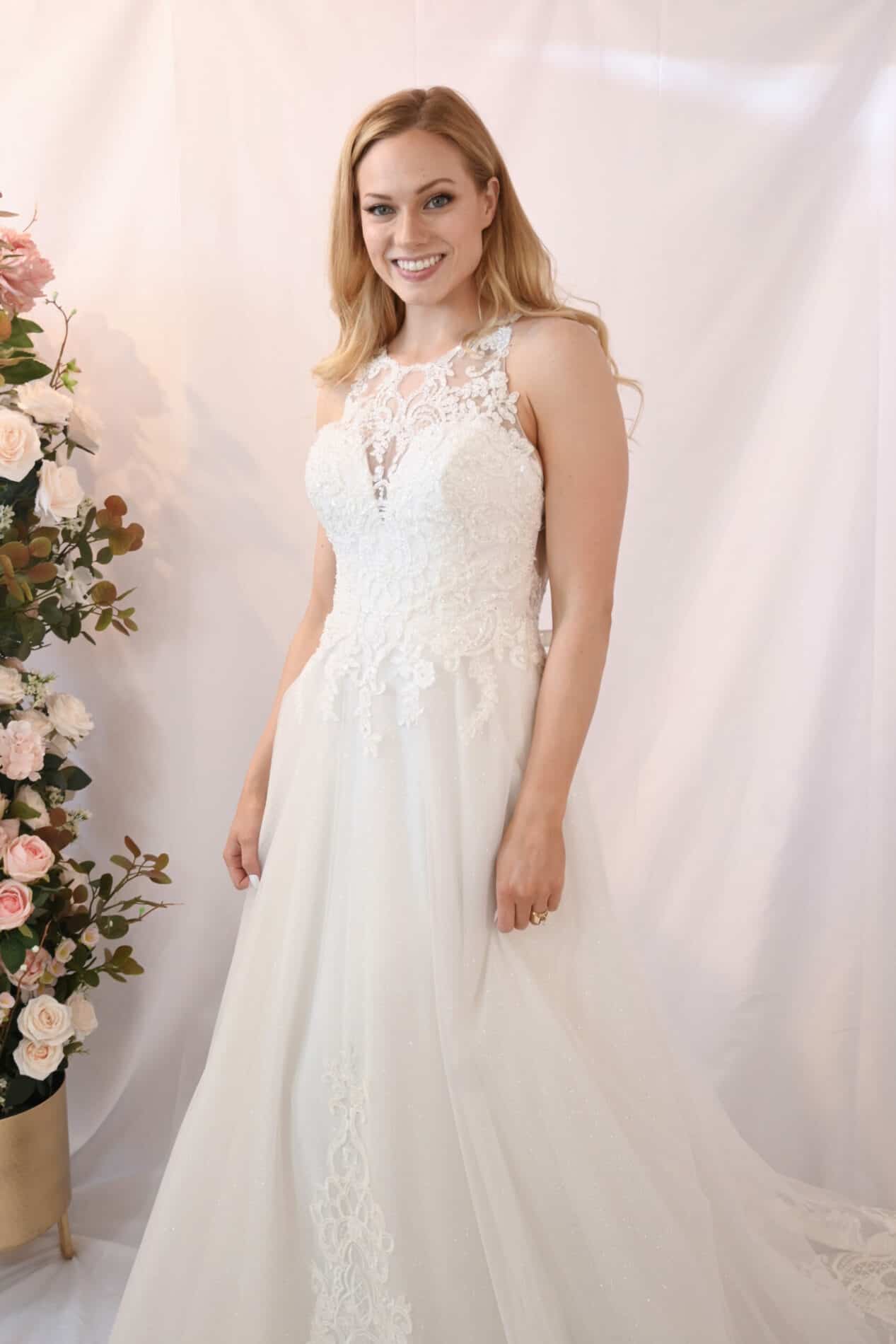 Savvy Bridal, Beaded Romantic Detail Lace High Neck, A-Line Skirt Wedding Dress - Diana