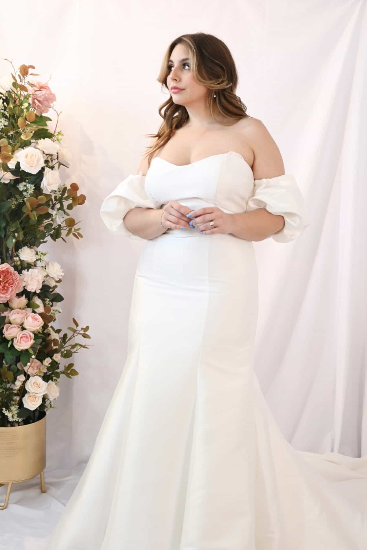 Savvy Bridal Curvy Satin Fitted Trumpet Style Puff Sleeve Wedding Dress - L590