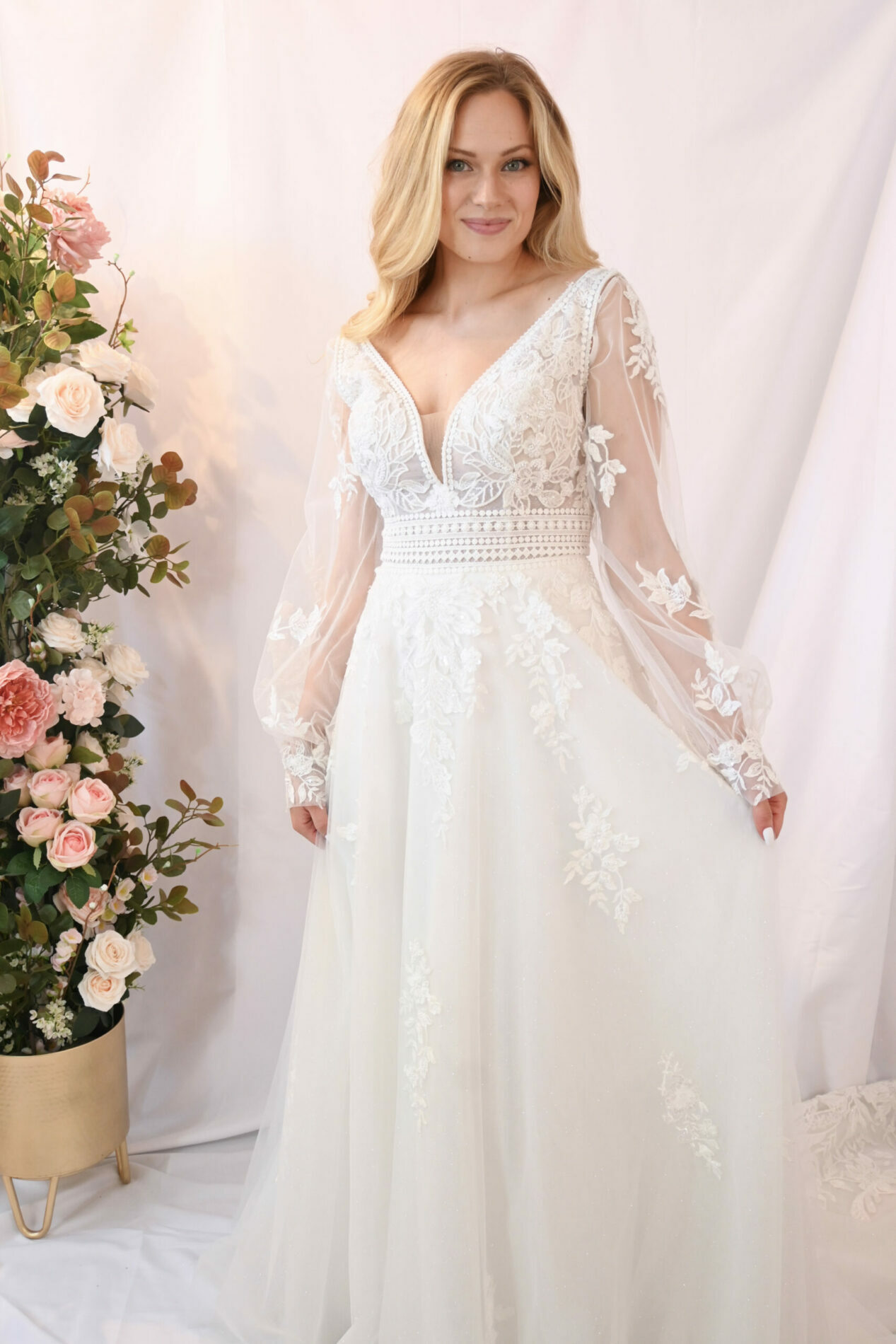 Savvy Bridal Long Sleeve Lace Romantic Boho A-Line Skirt Wedding Dress - Amelia