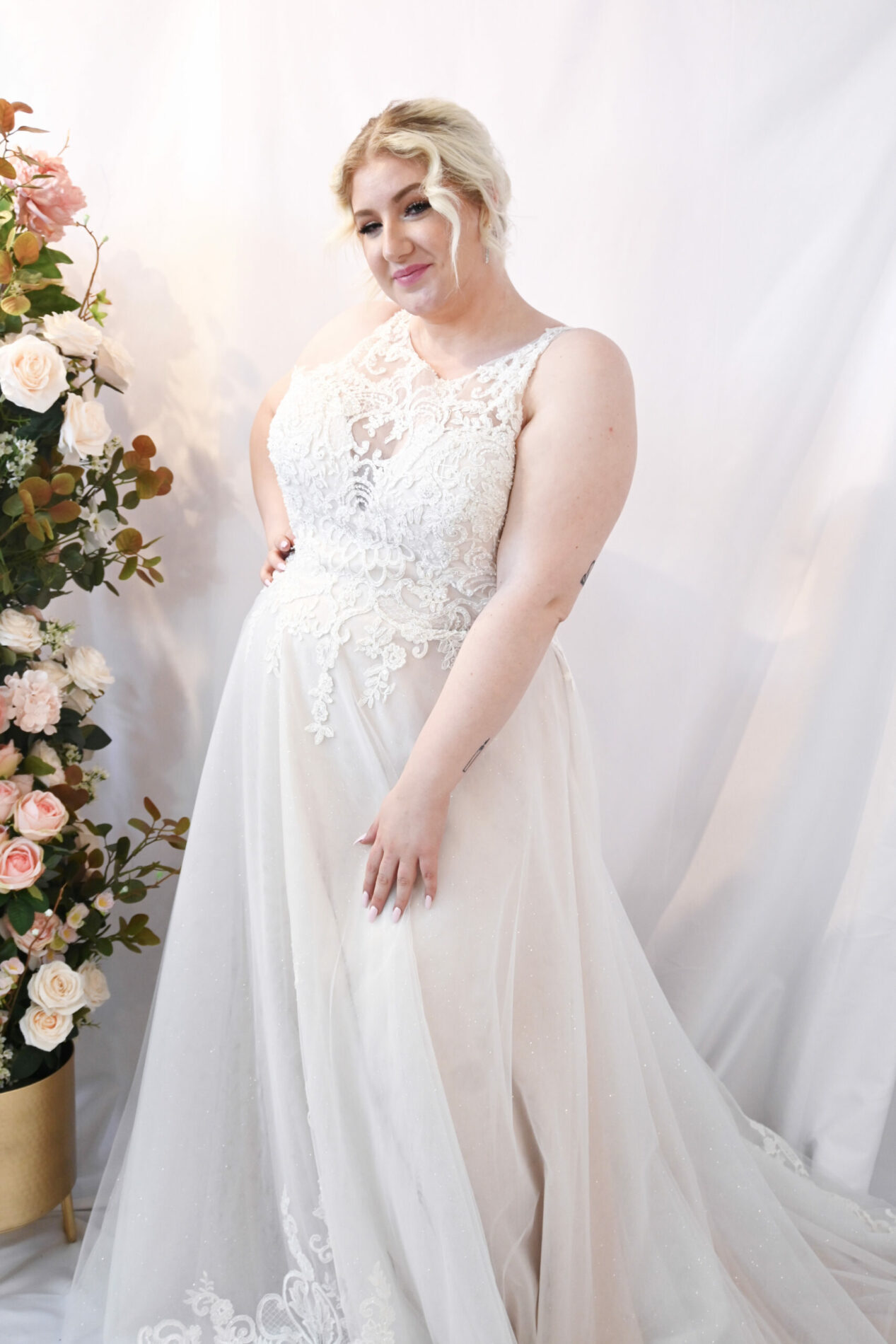 Savvy Bridal Curvy Beaded Romantic Detail Lace High Neck, A-Line Skirt Wedding Dress - Diana