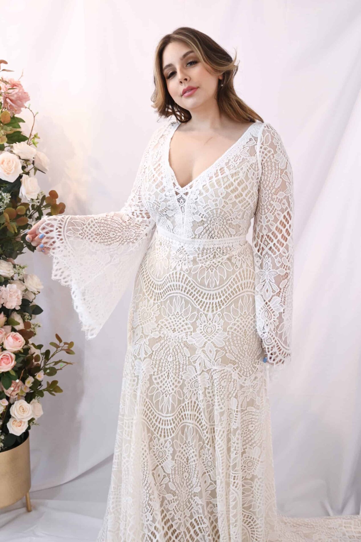 Savvy Bridal Curvy Boho Lace Long Sleeve Fitted Wedding Dress - Rebel