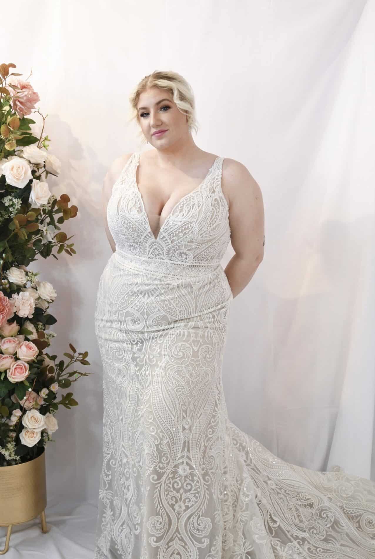 Savvy Bridal Curvy Off the Shoulder Beaded Modern Lace Fitted Wedding Dress - Gatsby
