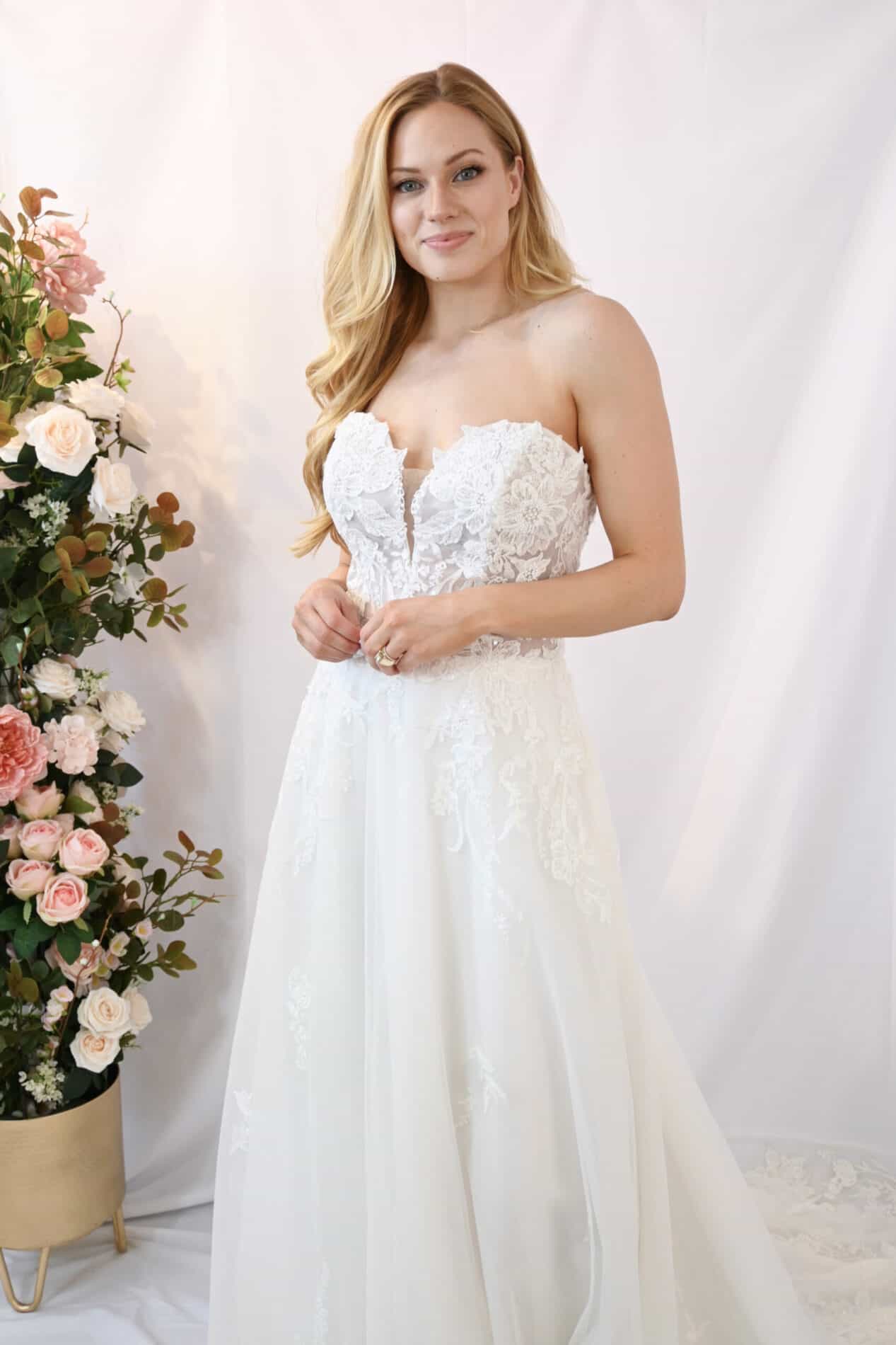 Strapless, A-Line Romantic floral lace A-Line skirt wedding dress - Audrey
