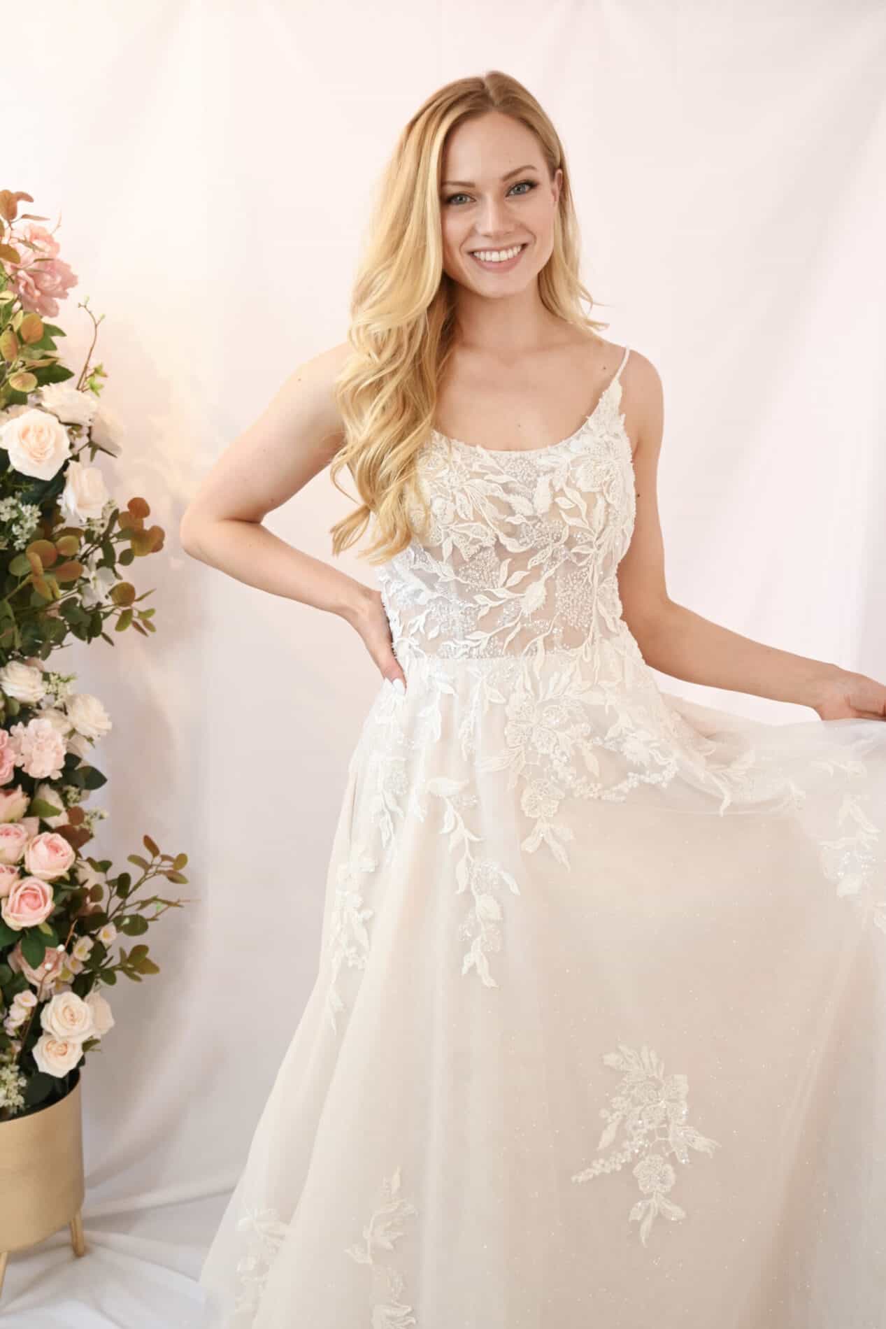Savvy Bridal Scoop Neck A-Line Romantic beaded floral lace wedding dress - Dolce