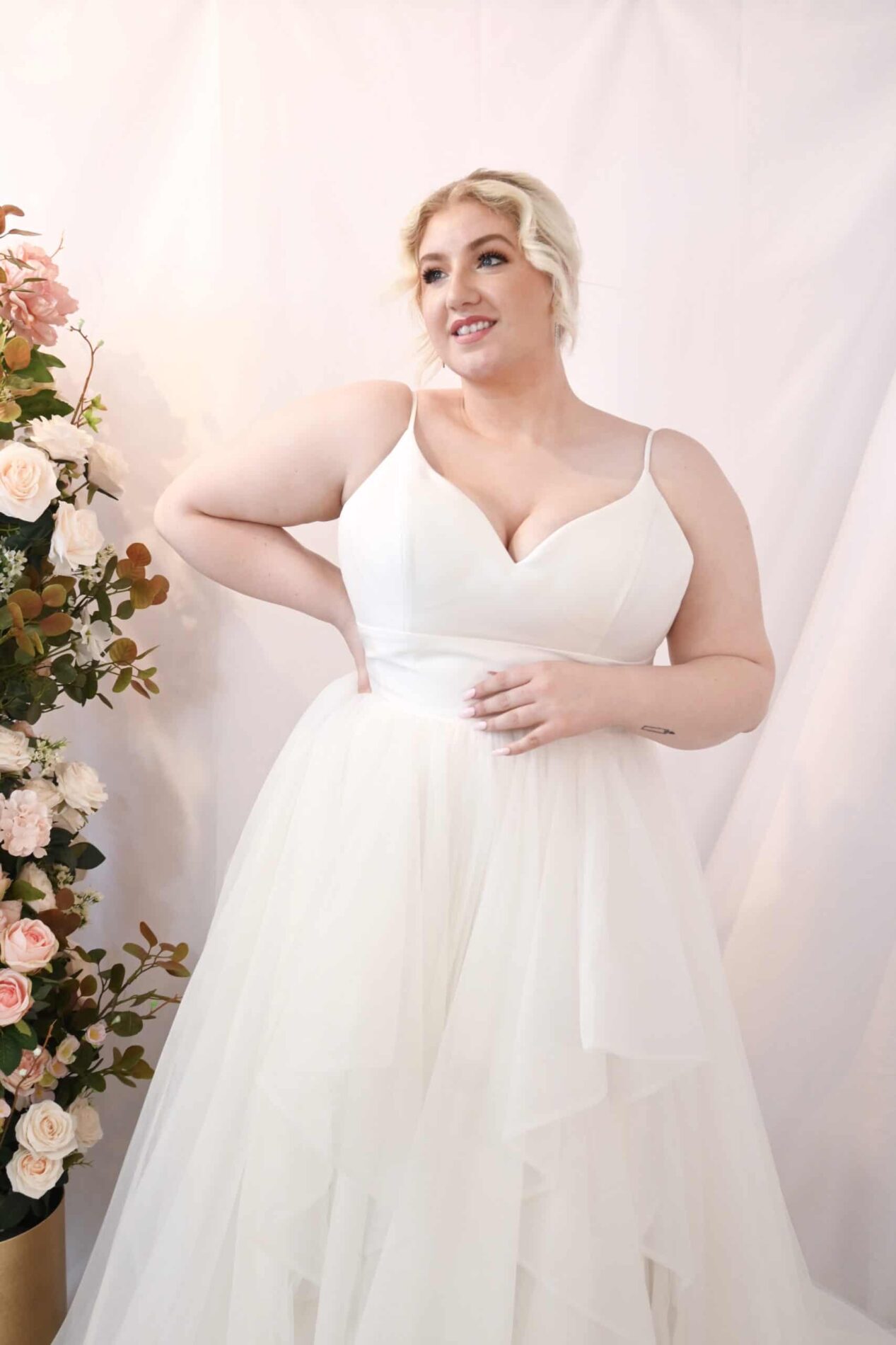 Savvy Bridal Curvy Satin Tiered A-Line Skirt Wedding Dress - Pearl