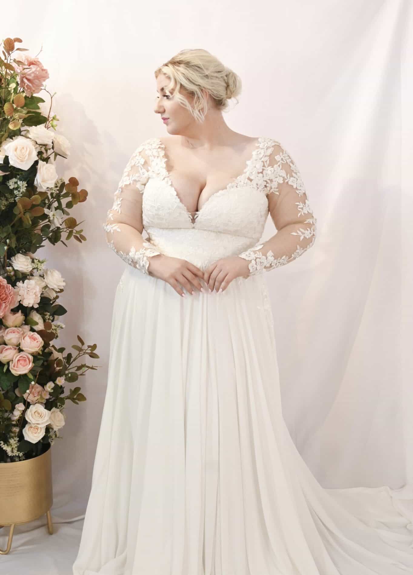 Savvy Bridal Curvy Long Sleeve Lace Romantic A-Line Skirt Wedding Dress - Mallory