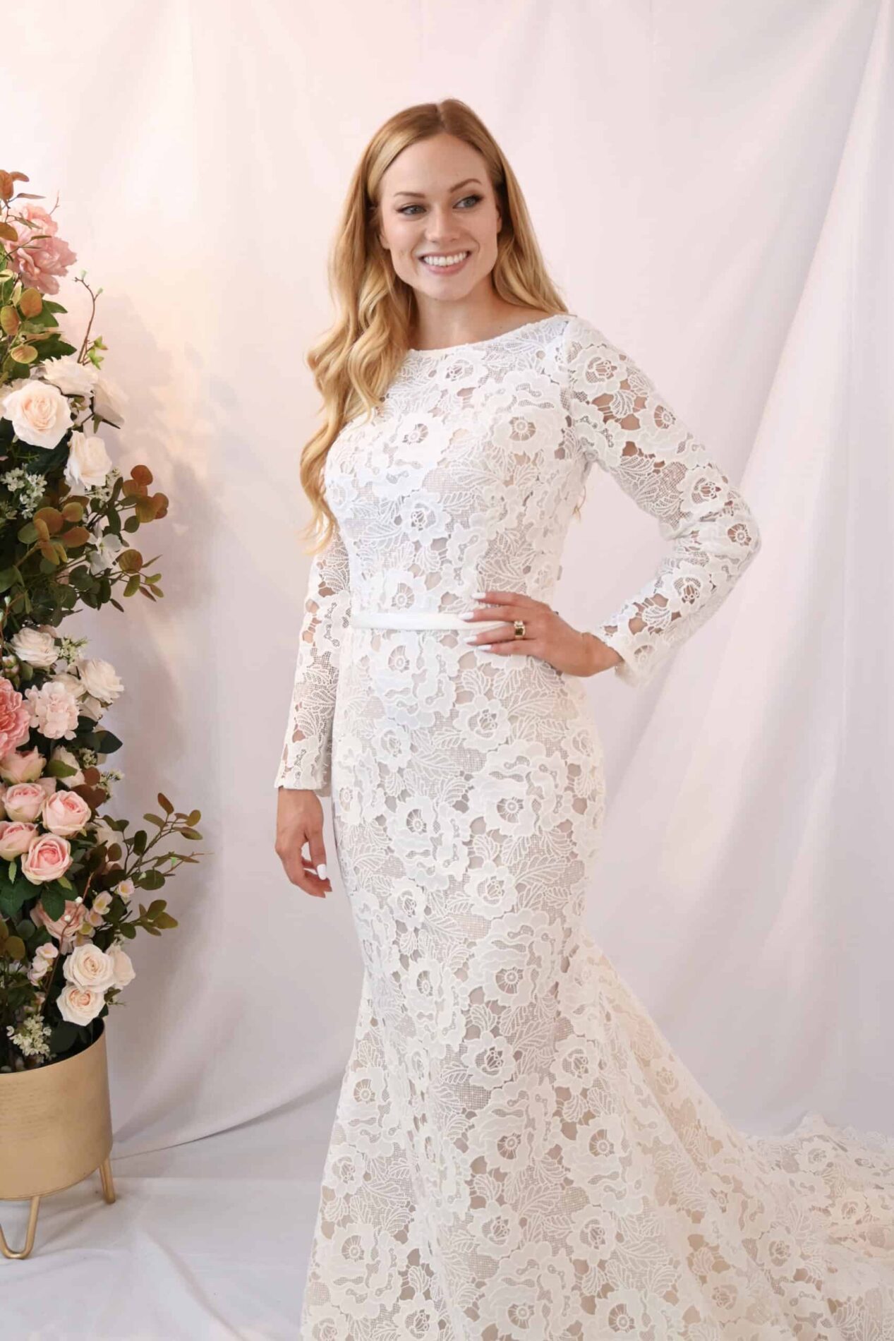 Savvy Bridal modern coastal crochet coastal lace Fitted long sleeve Wedding Dress - Lotte