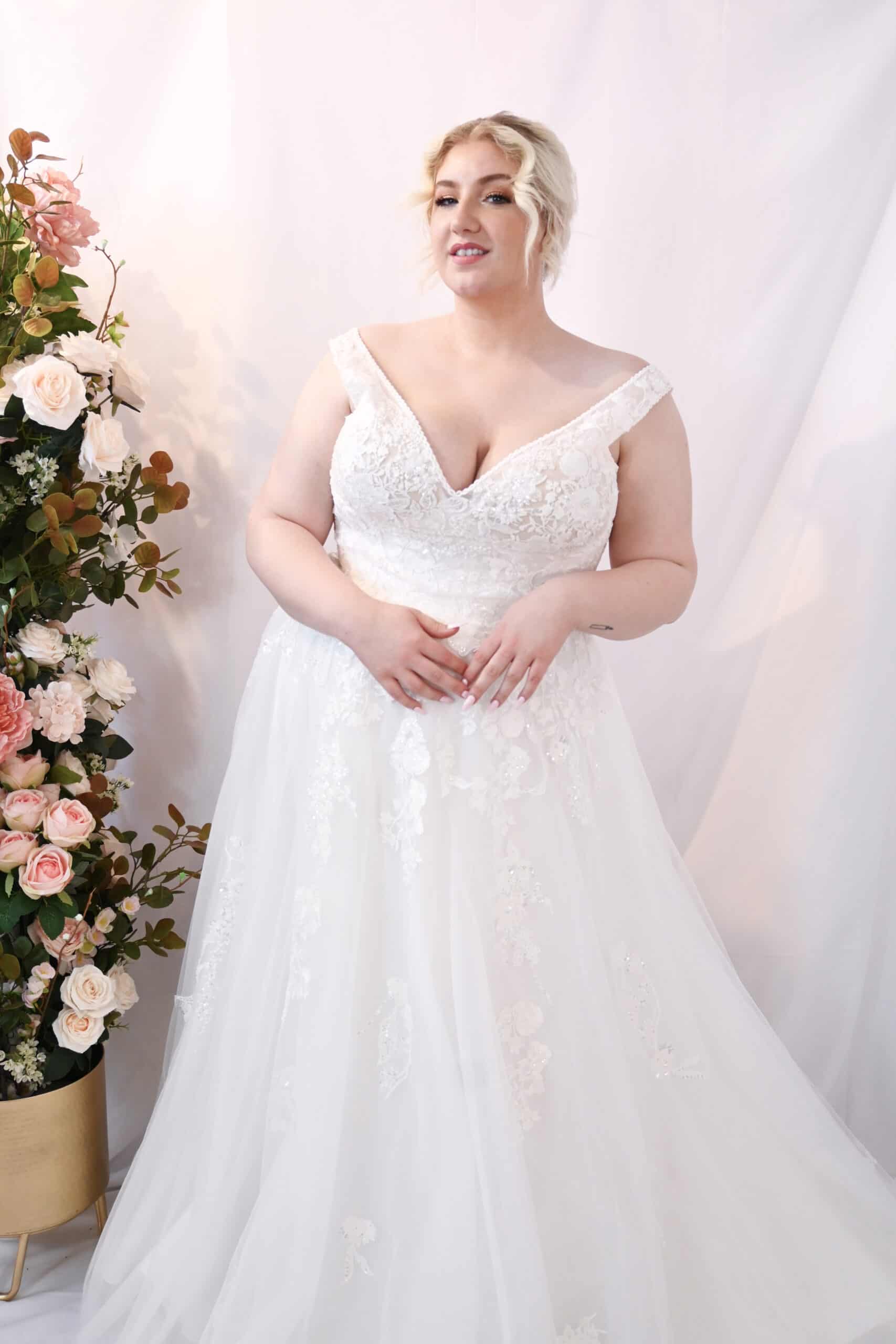 Savvy Bridal Curvy Beaded Romantic Detail Floral Lace, Off the shoulder, A-Line Skirt Wedding Dress - Nashville