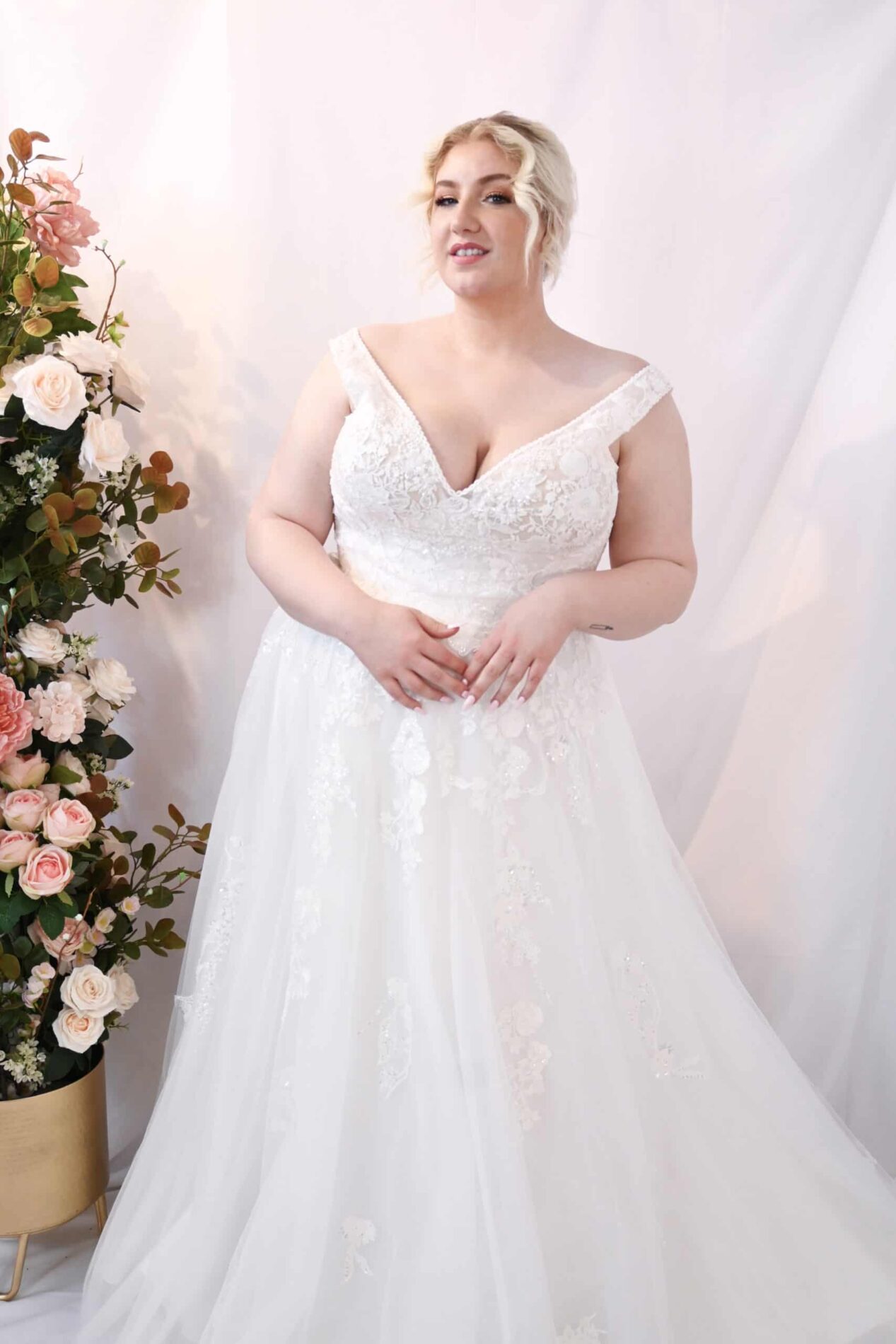 Savvy Bridal Curvy Beaded Romantic Detail Floral Lace, Off the shoulder, A-Line Skirt Wedding Dress - Nashville