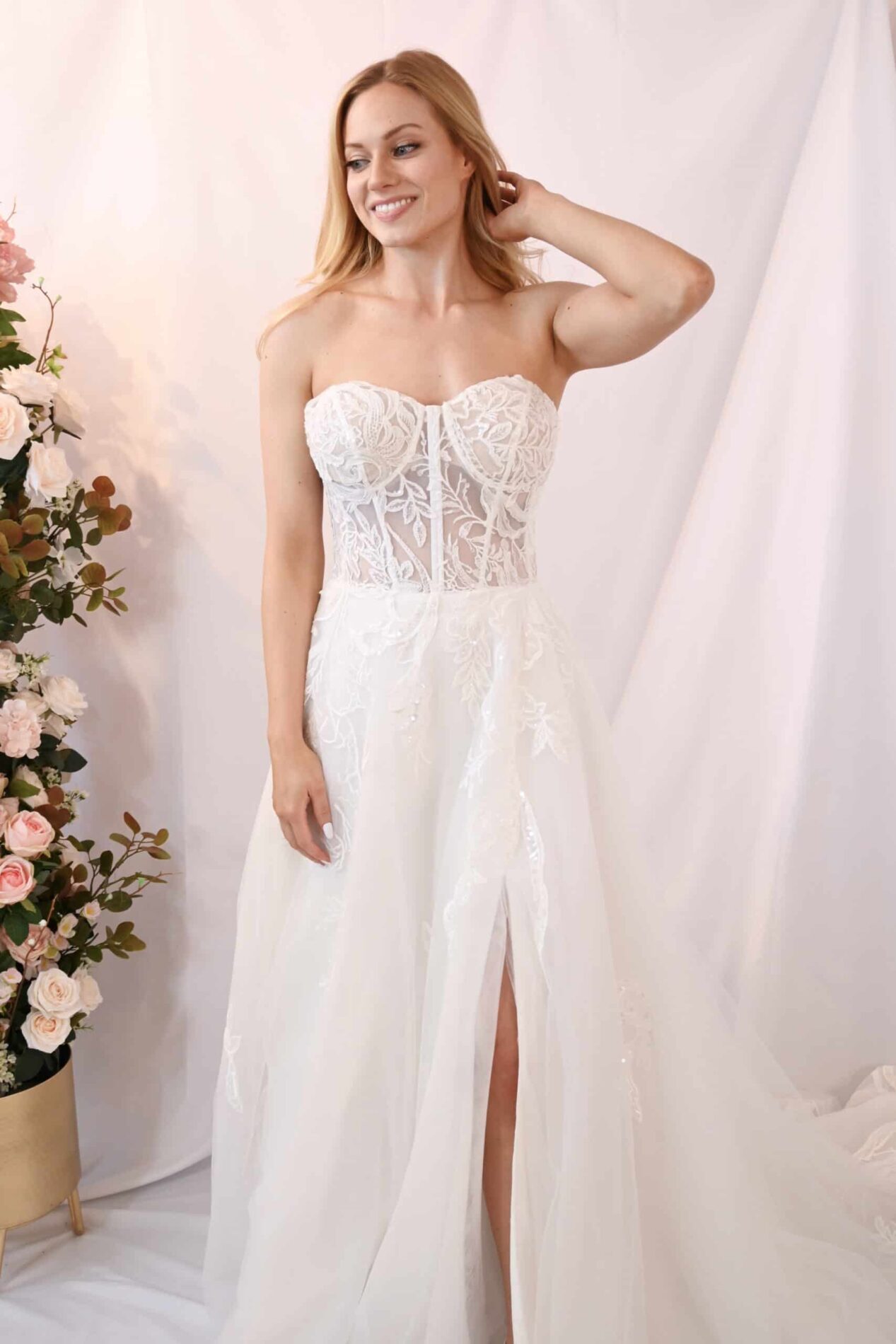 Strapless, A-Line Romantic floral corset lace A-Line skirt wedding dress - Florence