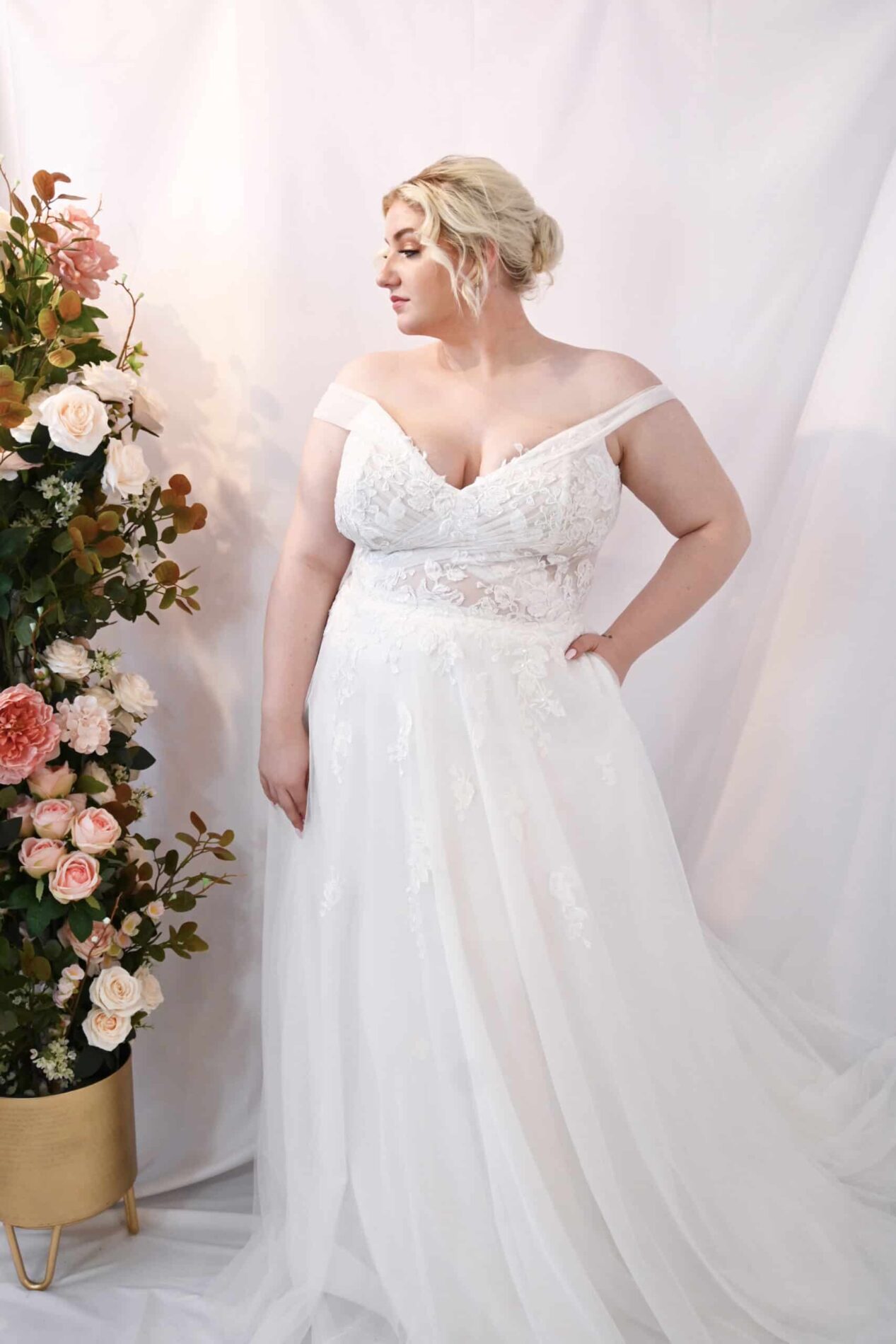 Savvy Bridal Curvy, Beaded Romantic Detail Floral Lace, Off the shoulder, A-Line Skirt Wedding Dress - Juliette