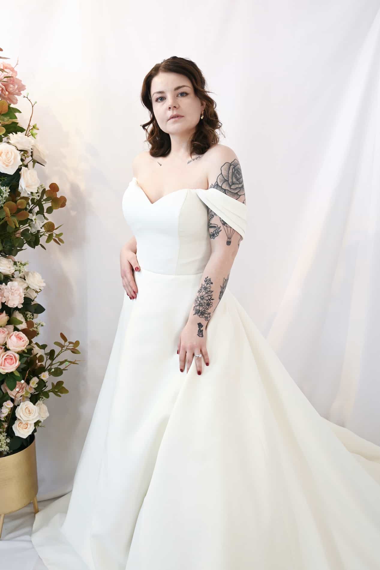 Savvy Bridal, classic off the shoulder satin A-Line Skirt Wedding Dress - Serena