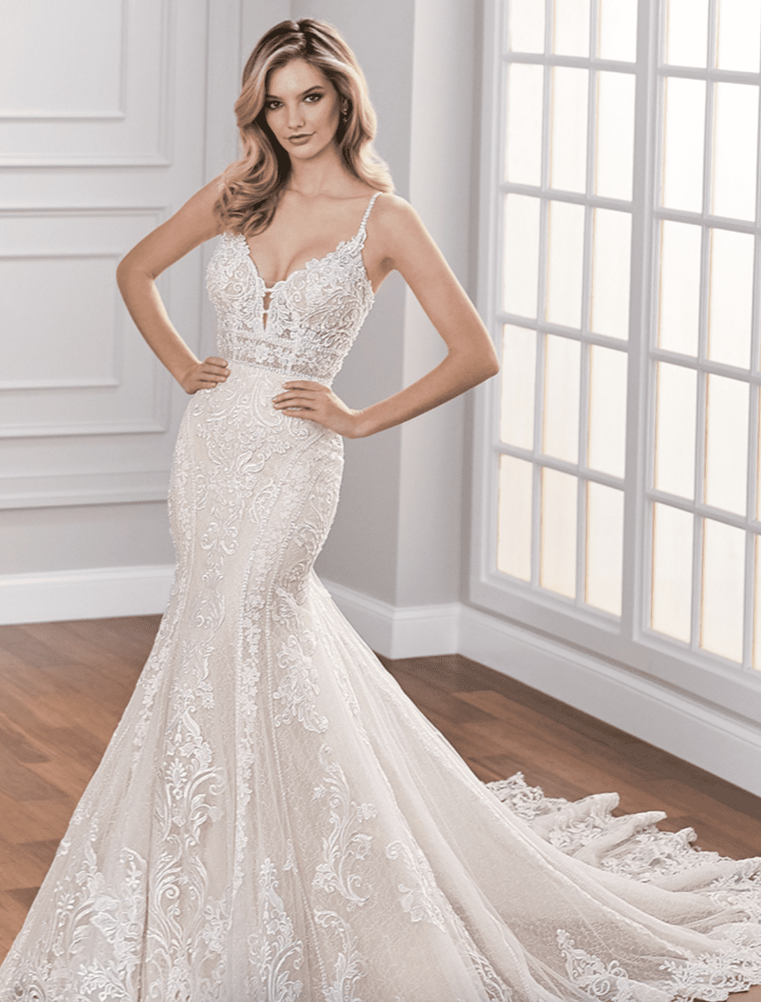 Savvy Bridal trumpet fitted lace beaded glam Wedding Dress - Lucerne