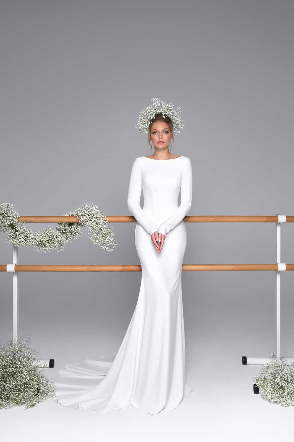 Savvy Bridal Eva Lendel long sleeve all white crepe fitted Wedding Dress - Caprice