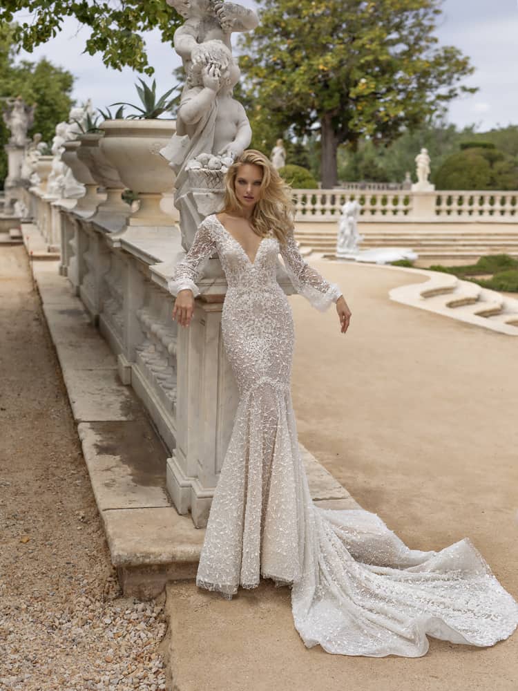 Savvy Bridal Eva Lendel Dylan long sleeve sparkle lace fitted Wedding Dress. Modern romantic bridal style