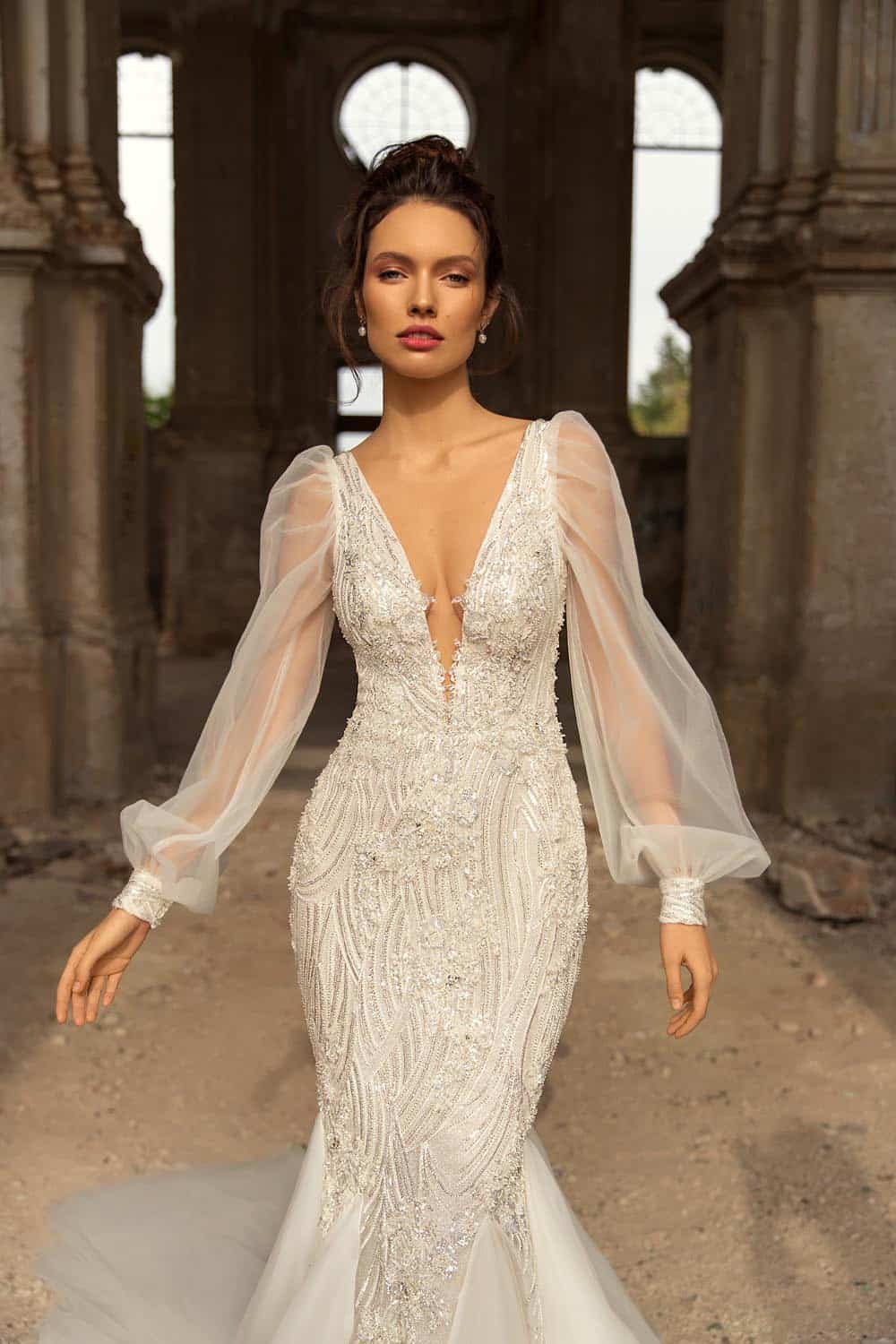 Savvy Bridal Eva Lendel balloon sleeve sparkle fitted Wedding Dress - Lennox