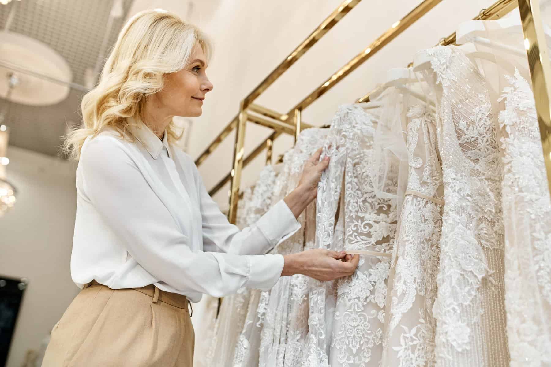 middle-aged woman browsing a rack of wedding dresses