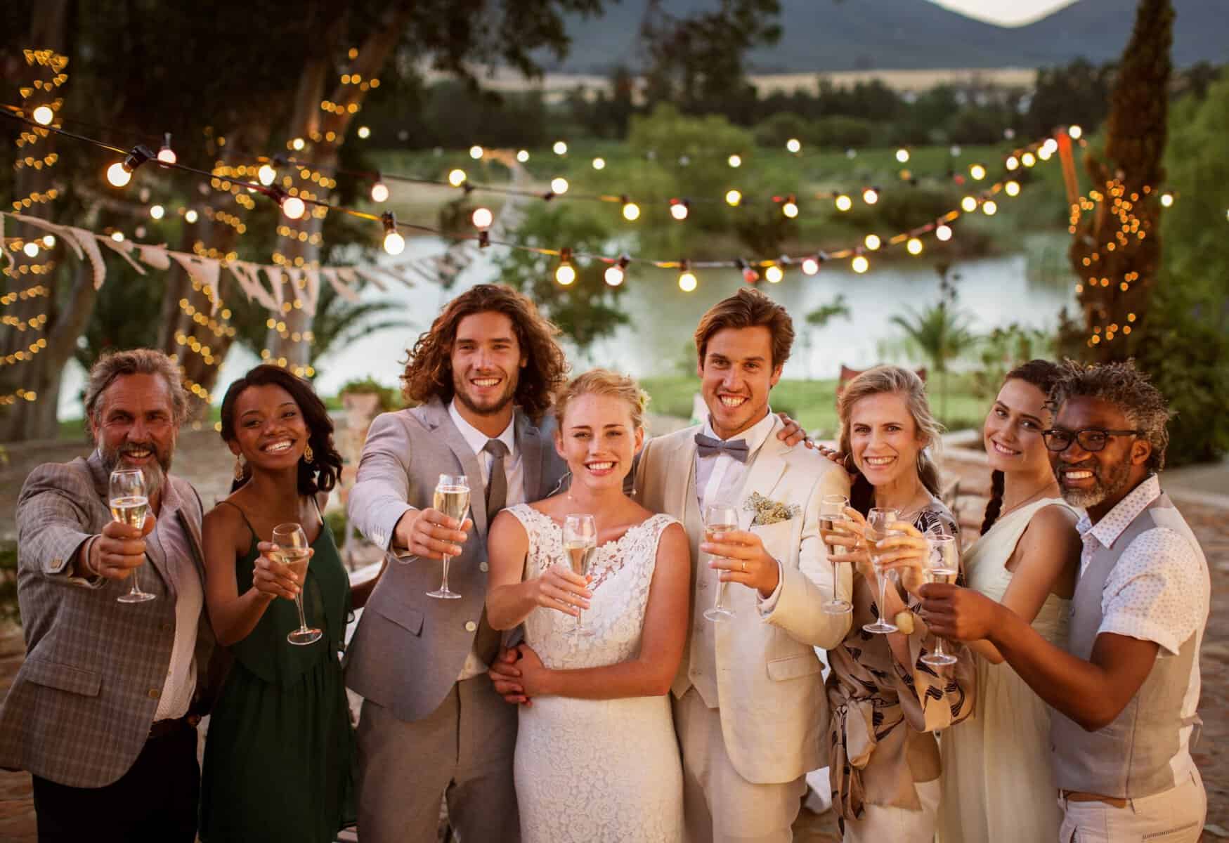 bride surrounded by wedding guests