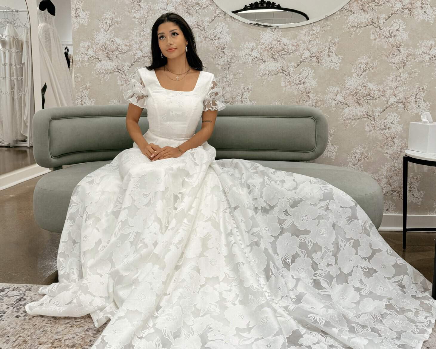 bride wearing an A-line modest wedding dress