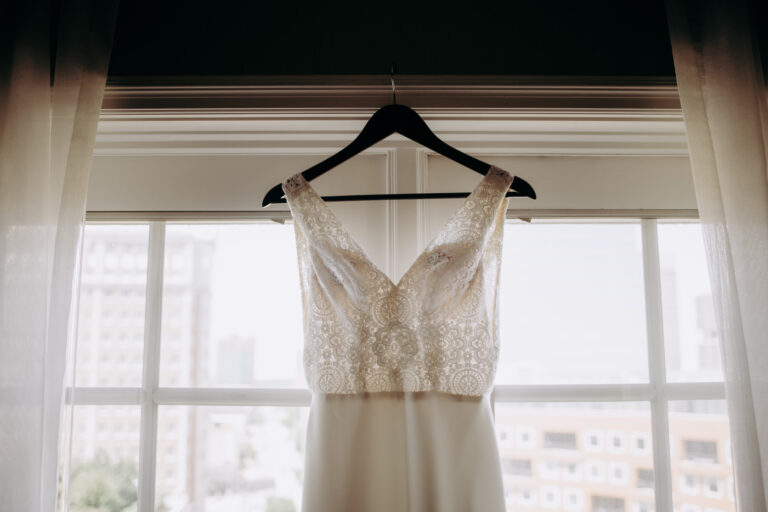 wedding dress in a hanger