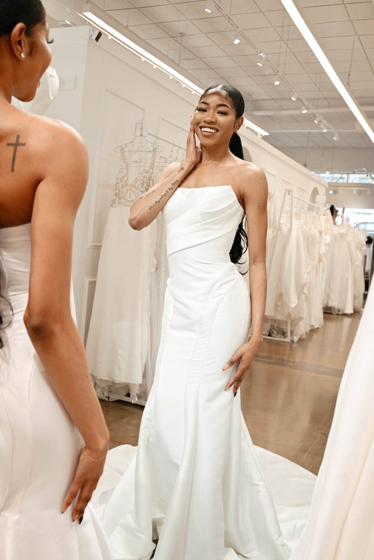 model wearing bridal down