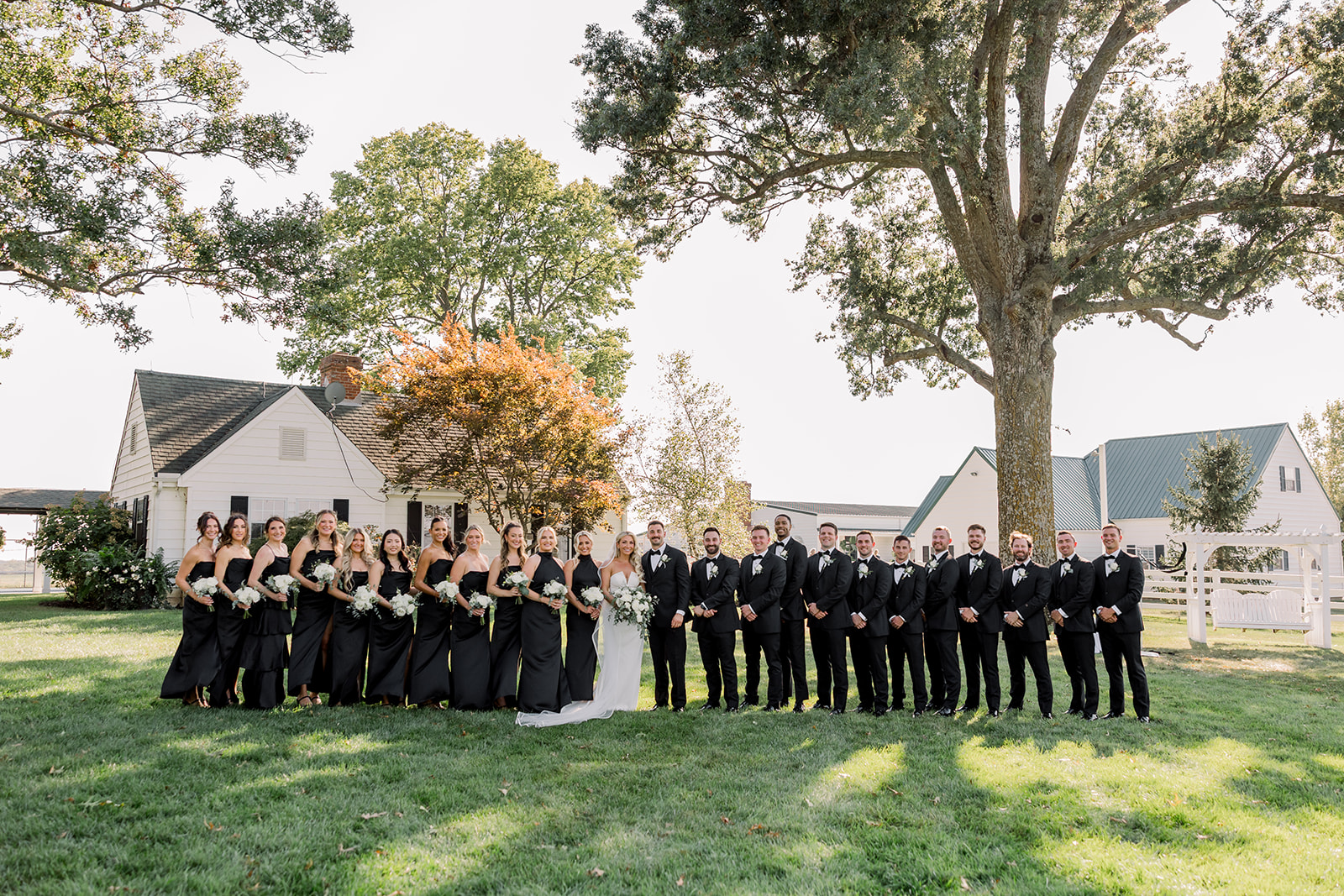 Cinematic moment under the lush greenery groomsmen wearing black tuxedos and chic black bridesmaid dresses in the center is Carly in glowing wedding dress.