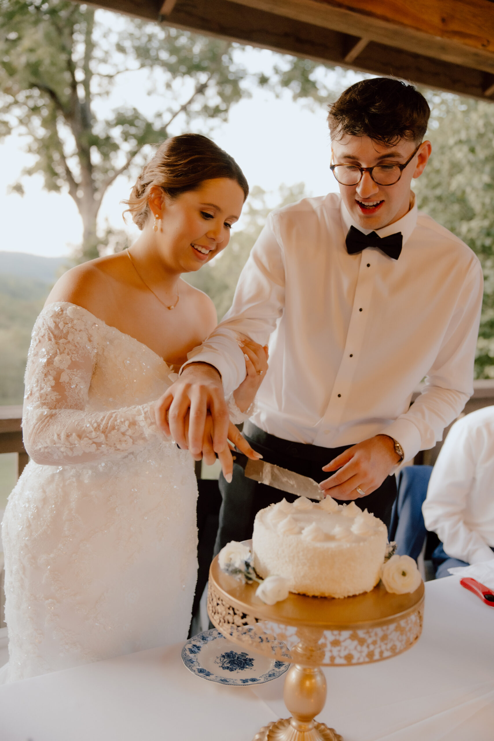 the newlyweds slicing the wedding cake.