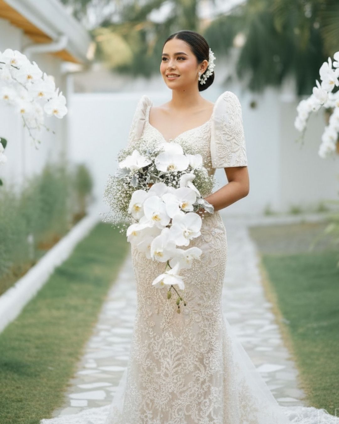A woman wearing a Filipiniana inspired wedding dress.