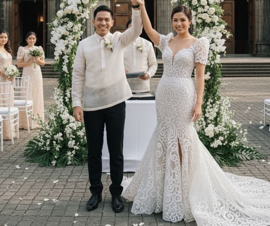 wedding outside the Cathedral church. Bride wearing a modern Filipiniana mermaid style wedding dress paired with groom wearing a barong made with pineapple fabric