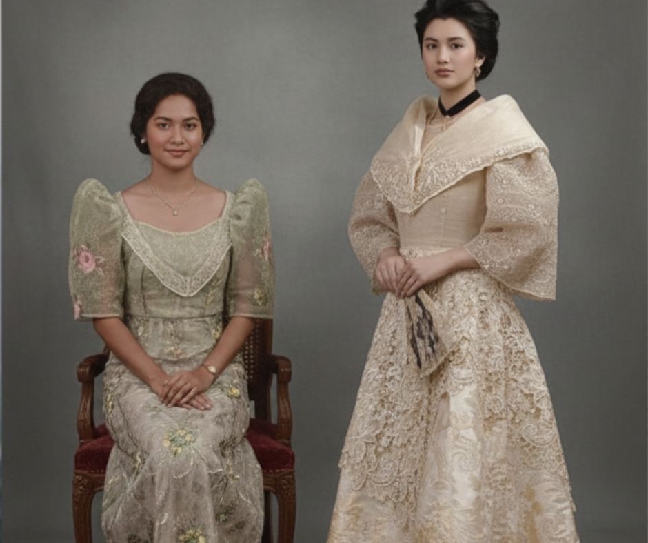 Tow women wearing the traditional Philippines clothes.