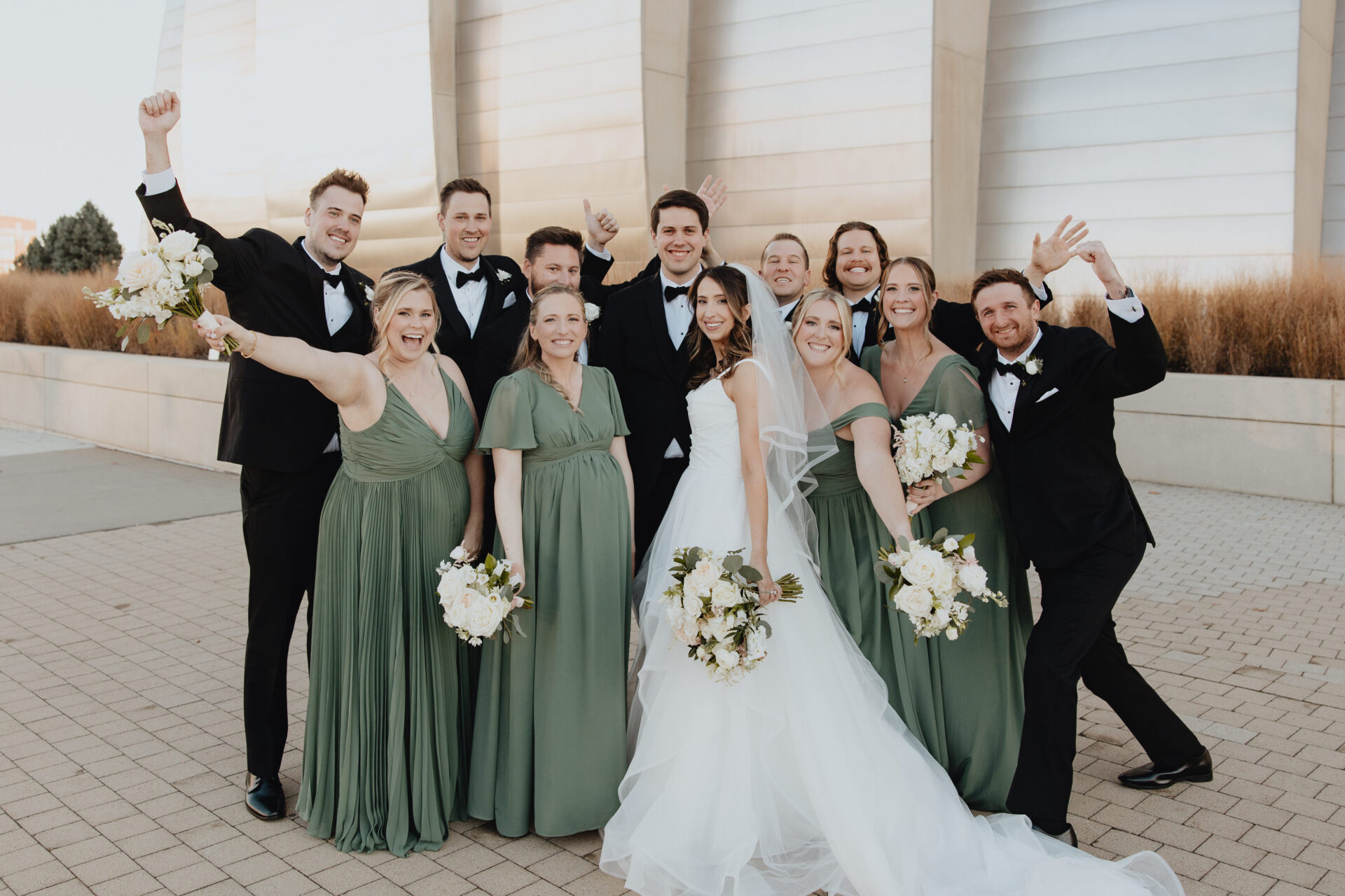 The group shots taken outdoors show a crew that knows how to have fun—cheers, laughs, and genuine excitement for the newlyweds.