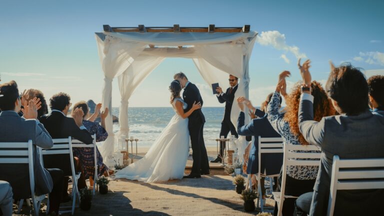 Bride and Groom During an Outdoors Wedding Ceremony on a Beach Near the Ocean.
