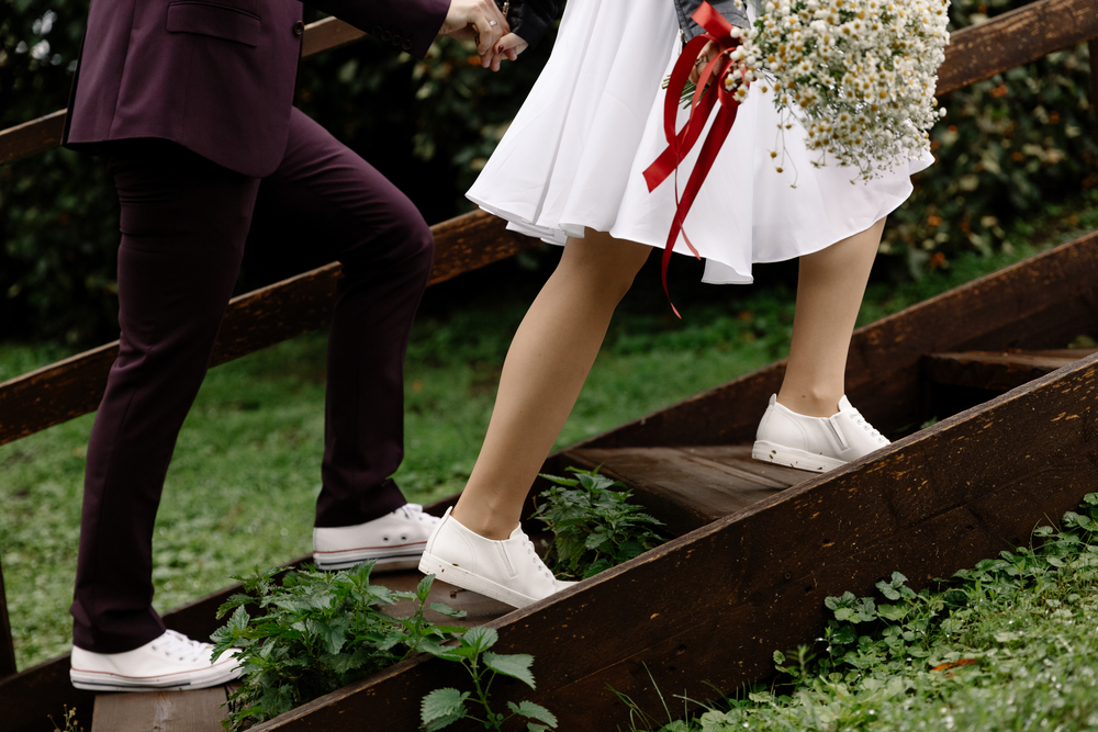 Woman in short casual wedding dress