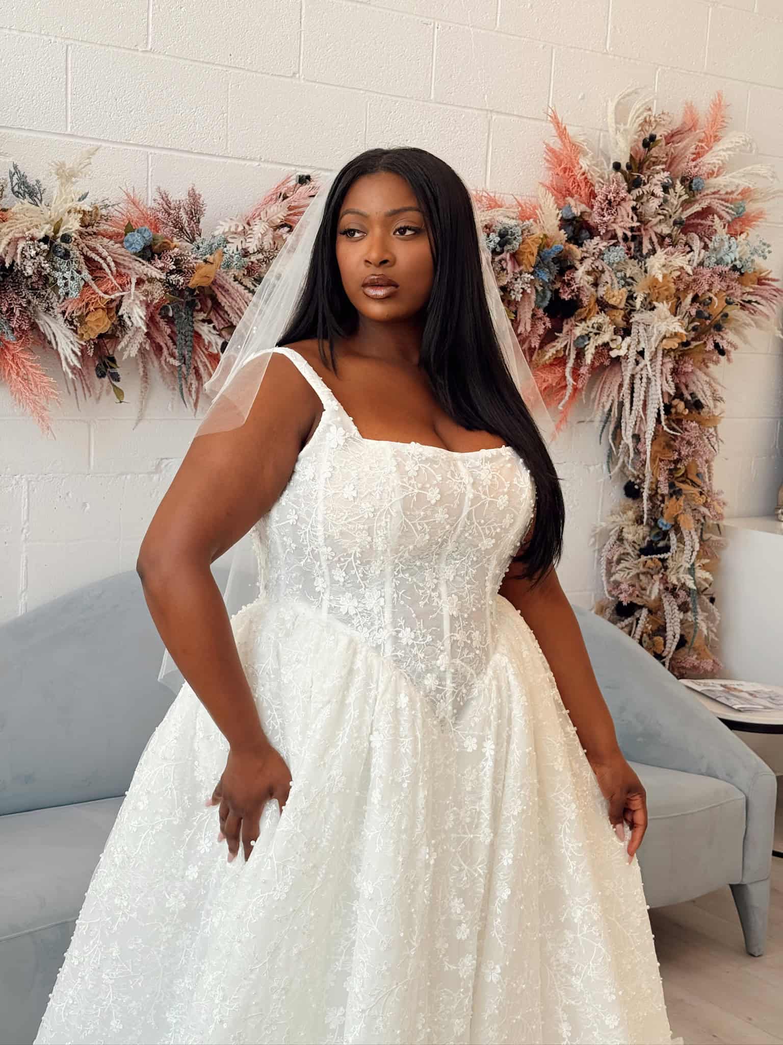 Curvy Model Wearing Savvy Bridal Wedding Gown