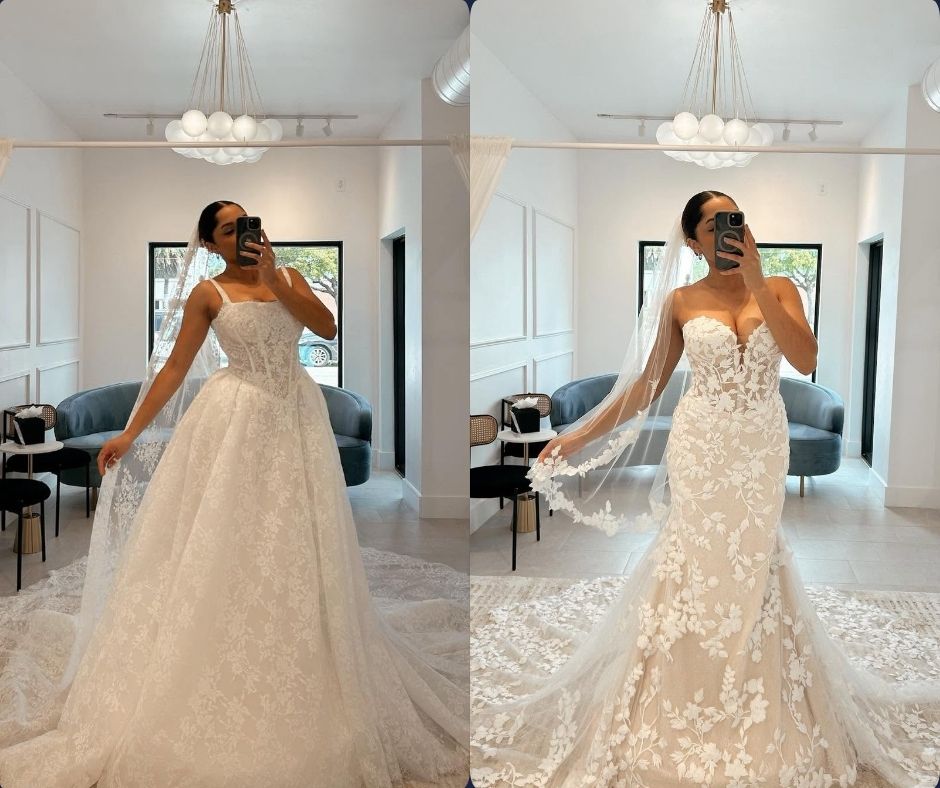Bride comparing an A-line lace wedding dress and a fitted floral lace mermaid wedding dress during a bridal appointment at Savvy Bridal.