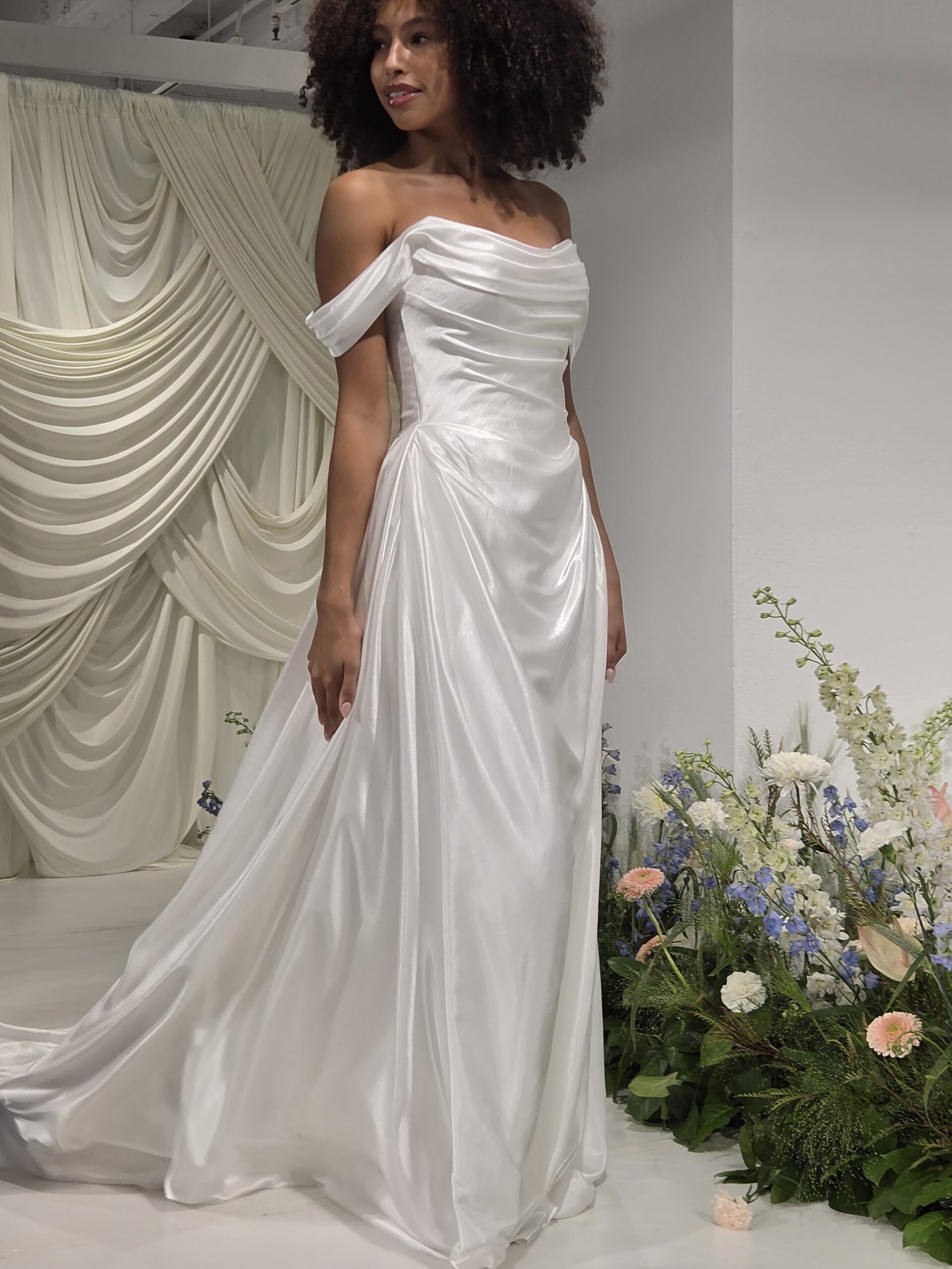 Off-the-shoulder satin fitted wedding dress