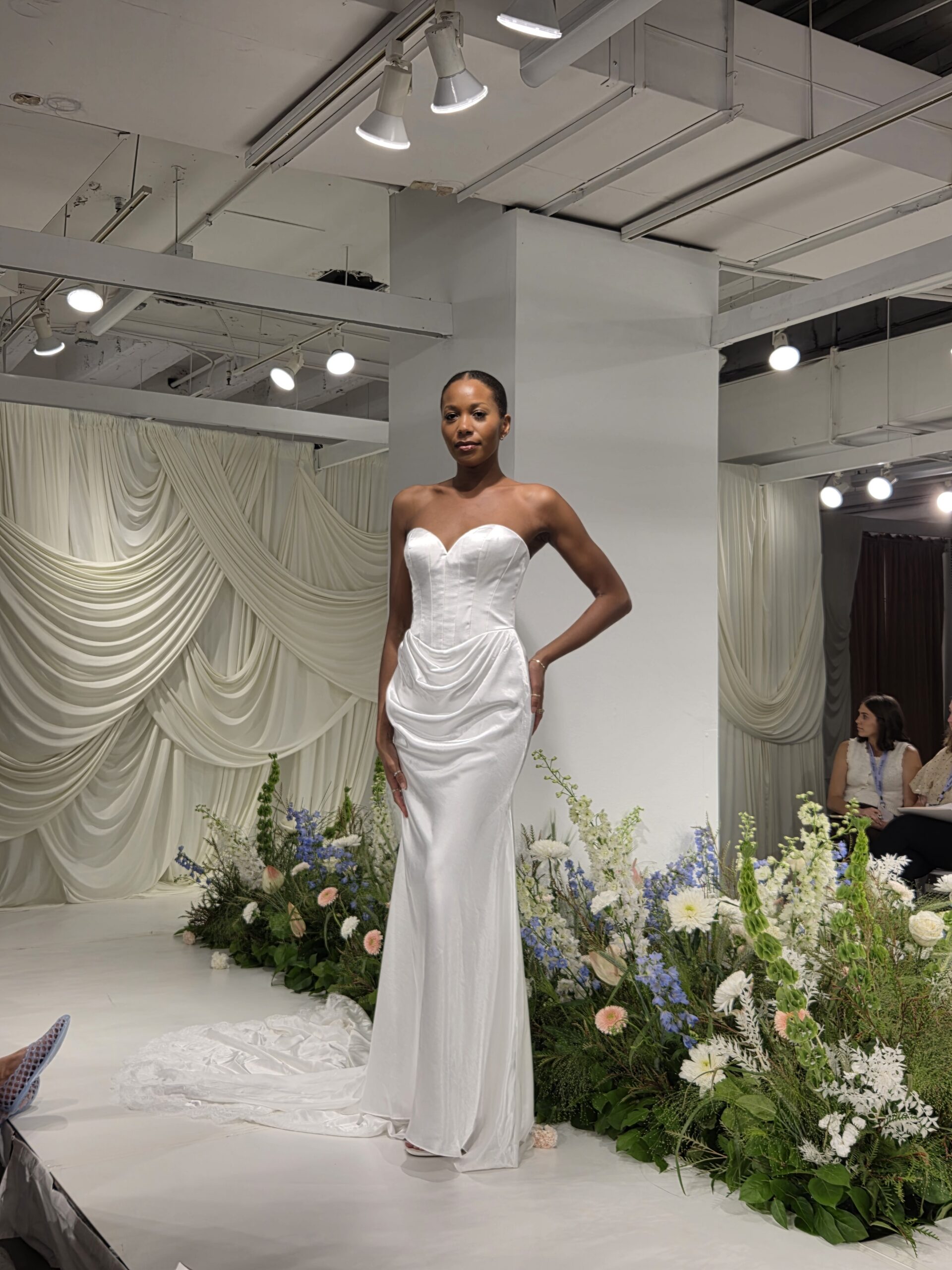 Strapless draped satin fitted wedding dress