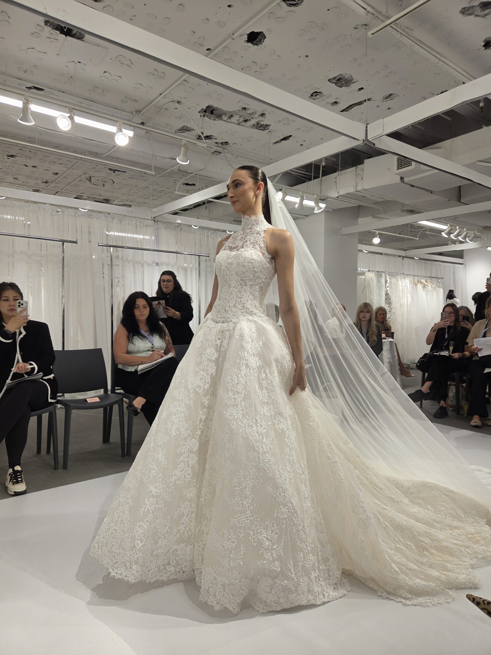 High-neck lace ball gown wedding dress with veil