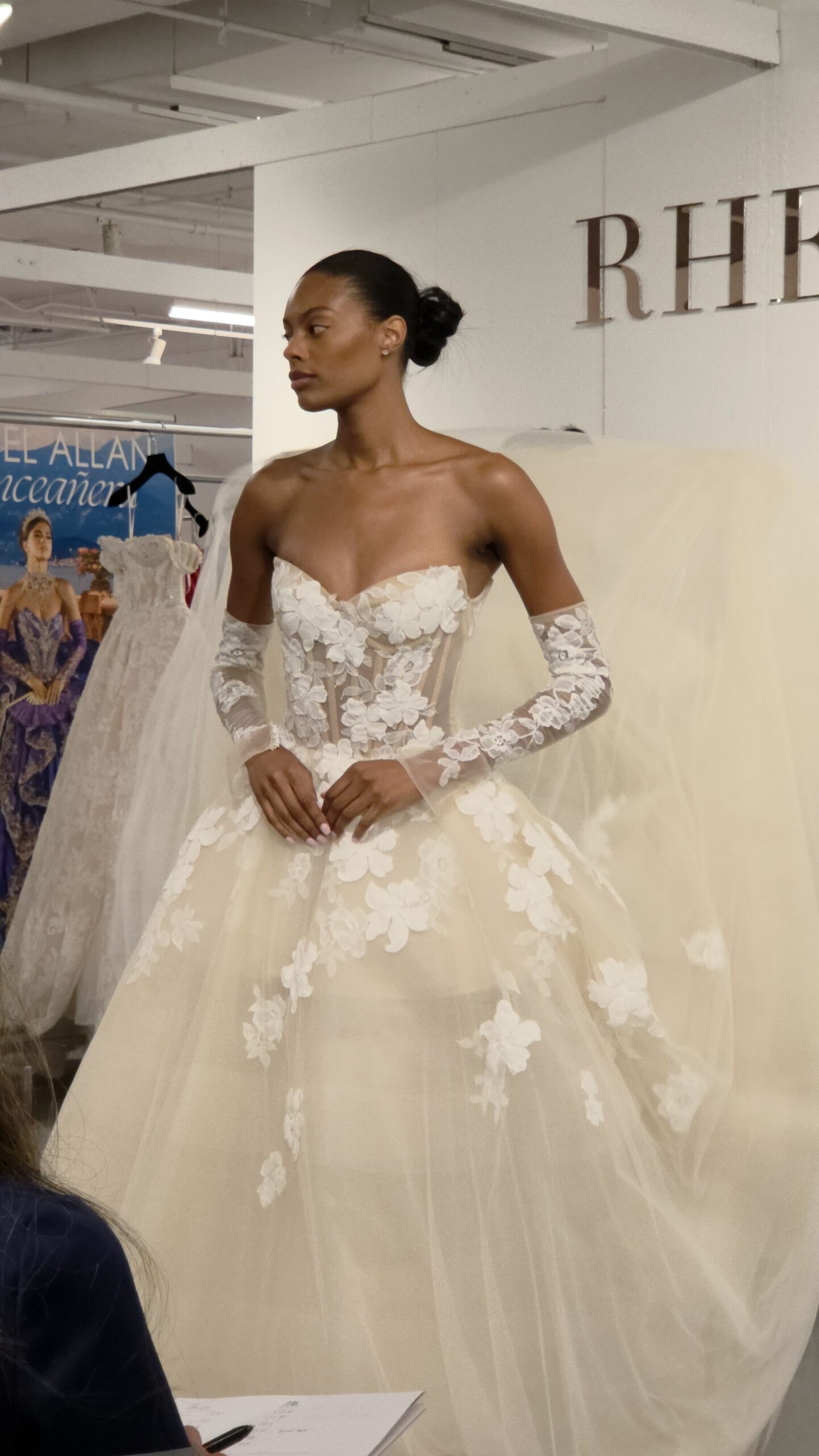 Floral lace corset ball gown with matching gloves