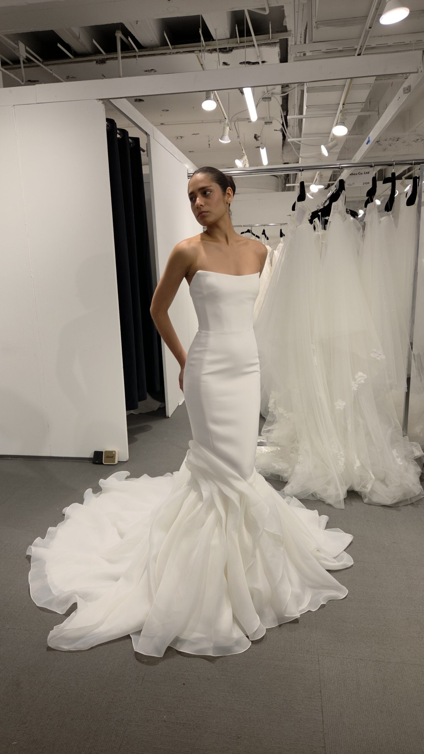 Strapless fitted wedding dress with dramatic train